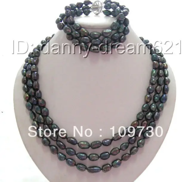 

Jewelry 00426 3strands 11mm black baroque freshwater pearls necklace a set (A0516)