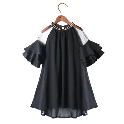 Платье для девочки мода бисерный дизайн ракету с коротким рукавом, дети, девочки платье принцессы 6 8 10- 12, 14, 15 лет - Цвет: Черный