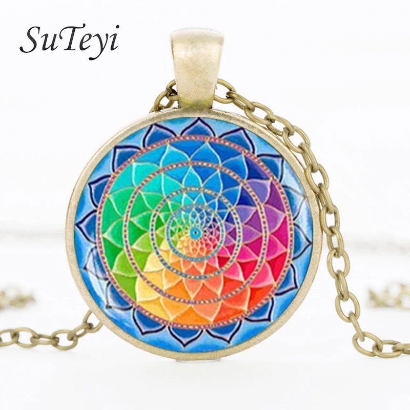 

SUTEYI Glass Dome Sacred Sri yantra Necklace Pendant Geometry Jewelry Vintage Yoga Mandala Buddhist Women Men Necklace Gifts
