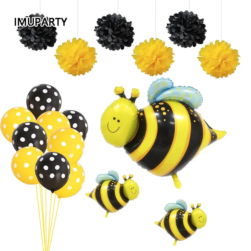 

19pcs/set Bee Foil Balloons Bee Theme Party Decorations Birthday Party Supplies Yellow Black Dot Latex Ballon Paper Flower Ball