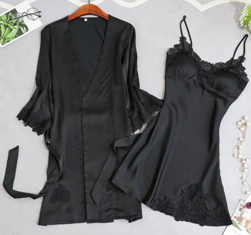 Атласная одежда для сна; халат; комплект с платьем; Femme; Весенний банный халат; пеньюар; пижама из 2 предметов; Шелковая пикантная элегантная женская пижама; домашняя одежда - Цвет: Черный