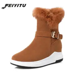 Feiyitu женские зимние ботинки теплая реального Зимние ботинки с кроличьим мехом на платформе Ботильоны с клинообразным каблуком на молнии