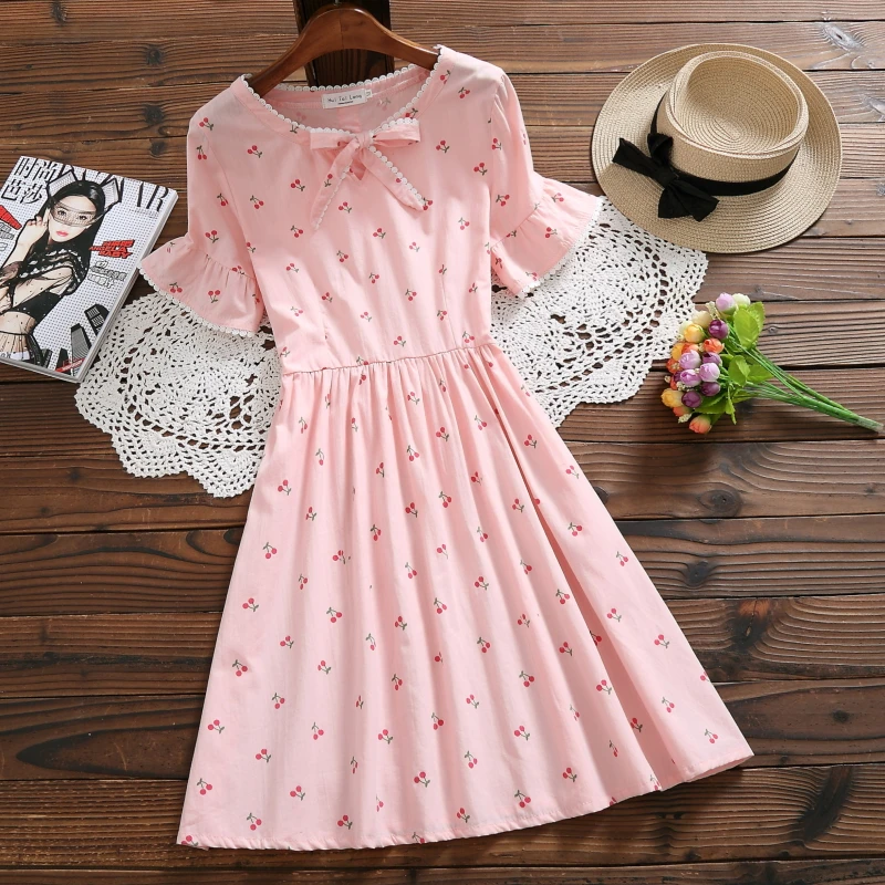 Японское платье kawaii для девочек, новинка года, летнее модное Хлопковое платье с расклешенными рукавами, милое мини-платье - Цвет: Розовый