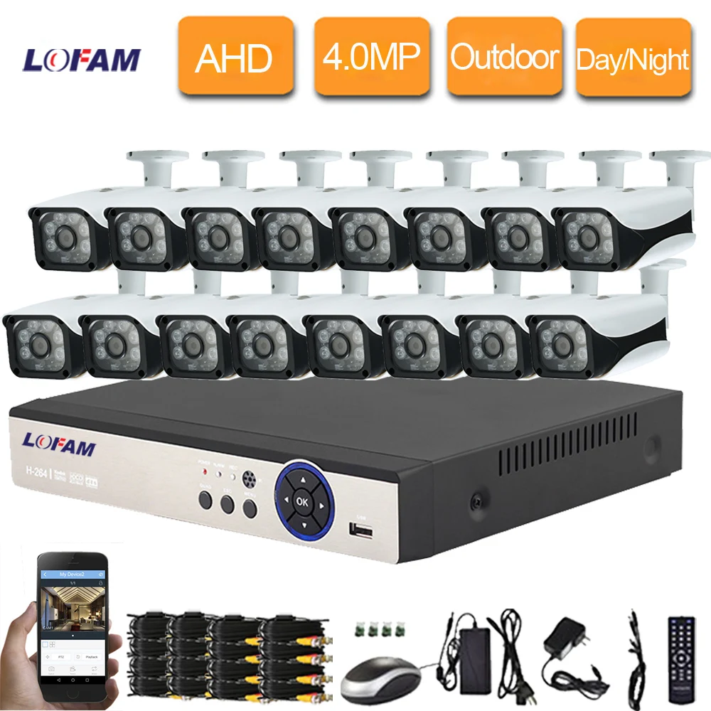 LOFAM 4MP AHD CCTV Surveillance Kit 16CH 4.0MP Security Camera System Indoor Outdoor Weatherproof DVR NVR Set | Безопасность и