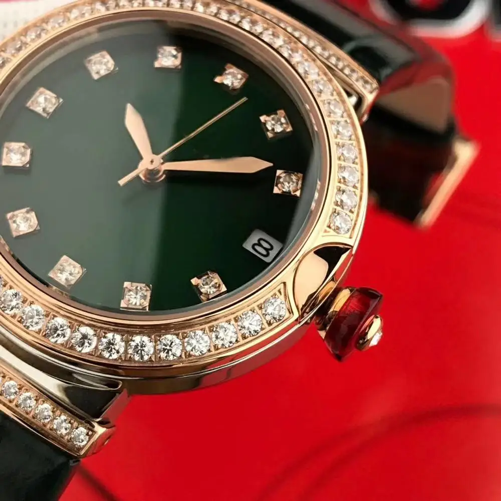 Ремешок для часов из натуральной кожи, 33 мм-размер, Круглый Циркон, камень, зеленый-наручные часы, автоматические импортные механические часы для женщин