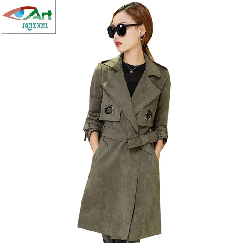 

2019 Spring New temperament Slim Suede Jacket Women Fashion Medium length Windbreaker Coat Loose Leisure Women Coat JQNZHNL AS82