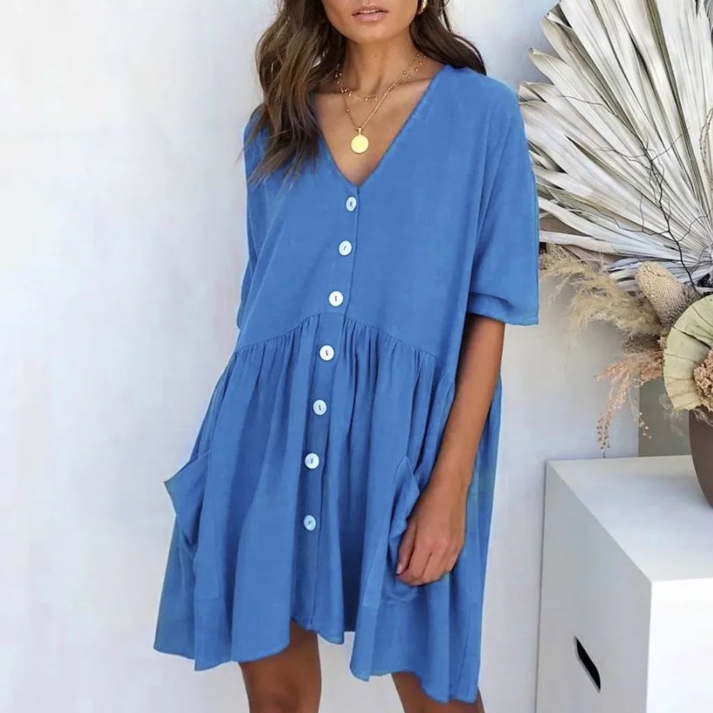 Hot Sale women dress Solid Loose V Neck Ladies Casual Half Sleeve ...