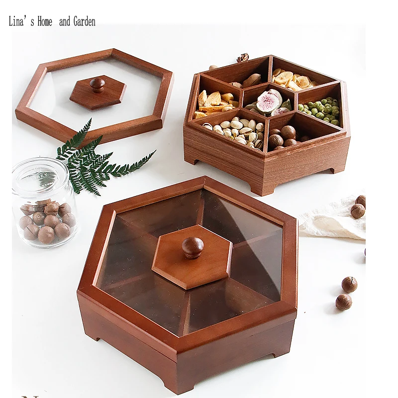 hexagonal antique Chinese solid wood compartment food serving tray with clear lid (3)