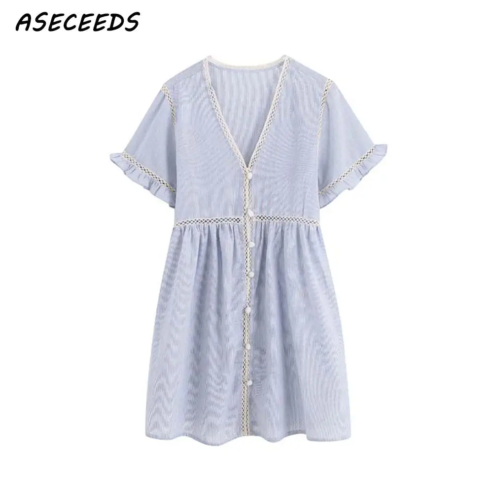

Summer elegant blue striped V neck mini dress women casual short sleeve hollow out embroidery ruffle korean style women dresses