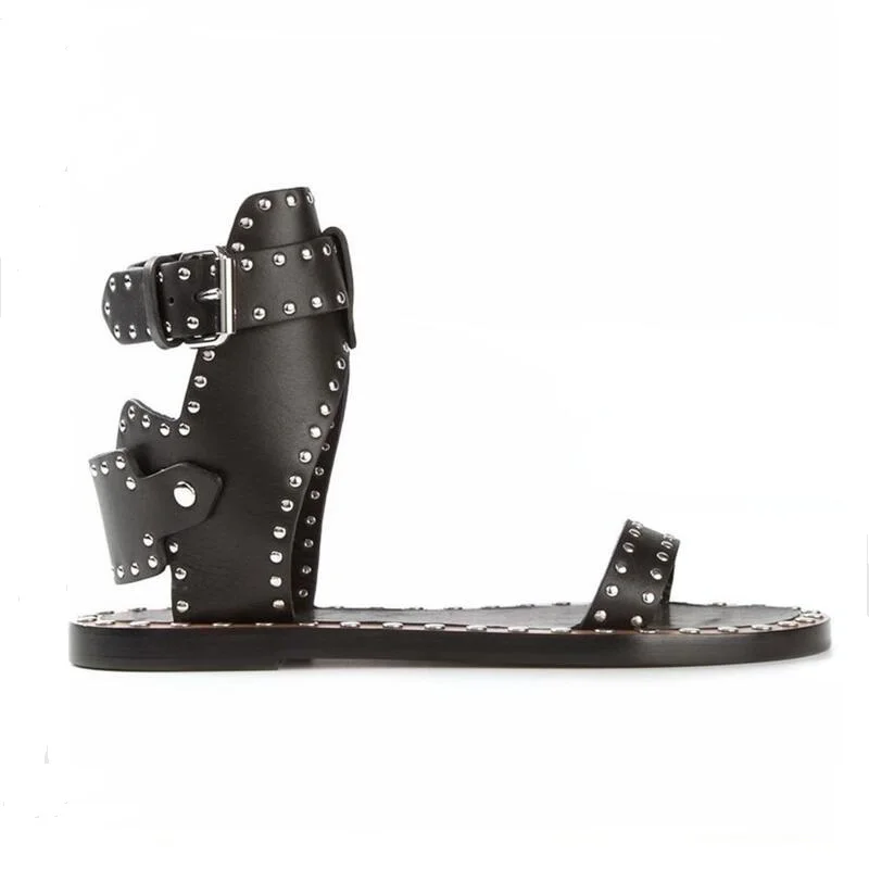 

Studded Leather Sandals Women Rivets Combat Ankle Booties High Thick Heel Shoe Open Toe Sexy Summer Woman Sandal Size 34-41