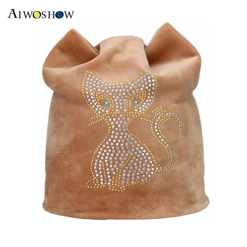 

2017 New Fashion Winter Beanies Cat Ears Girls Hat For Women Warm Flannel Fluff Caps With Ear Flaps Rhinstones Russia Winter Cap
