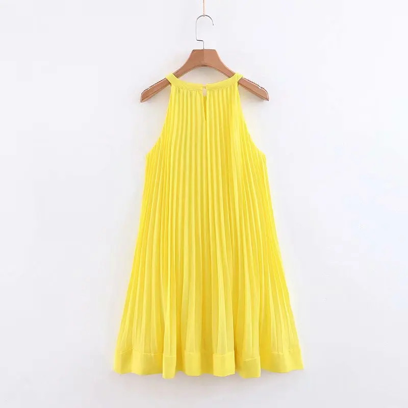 Летнее женское без рукавов желтое плиссированное платье femme hem ruffles halter vestidos