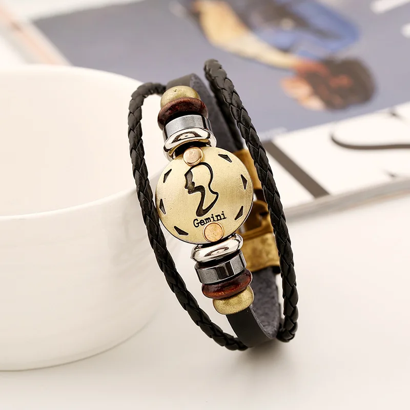 12 Zodiac Gemini Leather Bracelet femme Horoscope Charm Bracelet Men