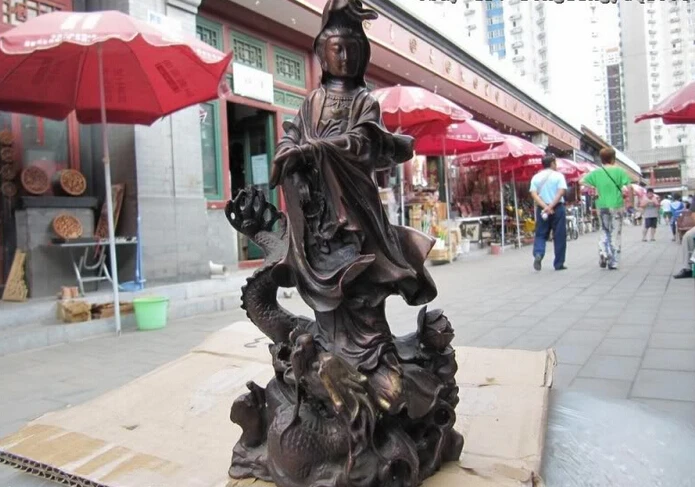

Collectible bronze S2322 China Red Bronze Copper Refined Kwan-Yin Guan Yin Ride on Dragon Statue