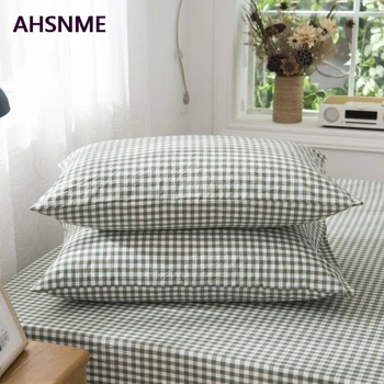 

AHSME Coffee Color Light Green Plaid 100% Cotton Pillowcase Special Wrinkle Craft Super Soft Summer Fall Simple Sleep pillowcase