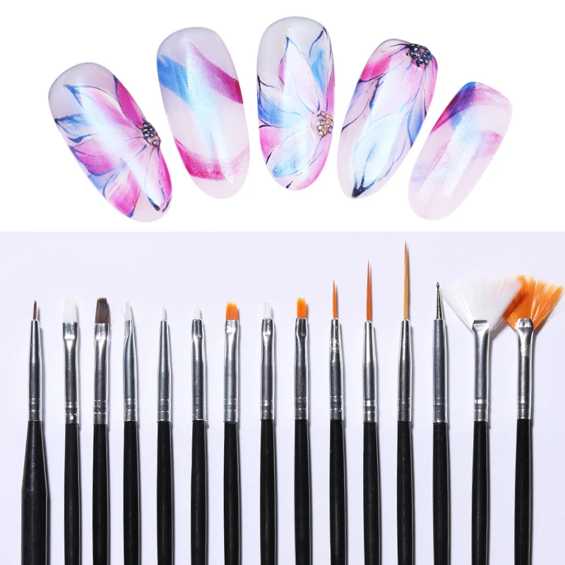 

15Pcs/set Acrylic UV Gel Polish Nail Brush Kit Pink White Dotting Painting Tips Dust Clean Builder Pen Nail Art Design Tools