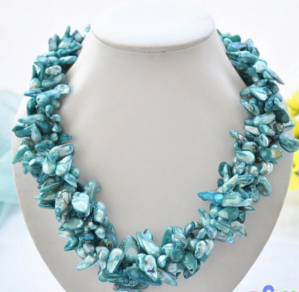 

Free Shipping ***Hot sale >>3row blue baroque Tail freshwater pearl necklace 18