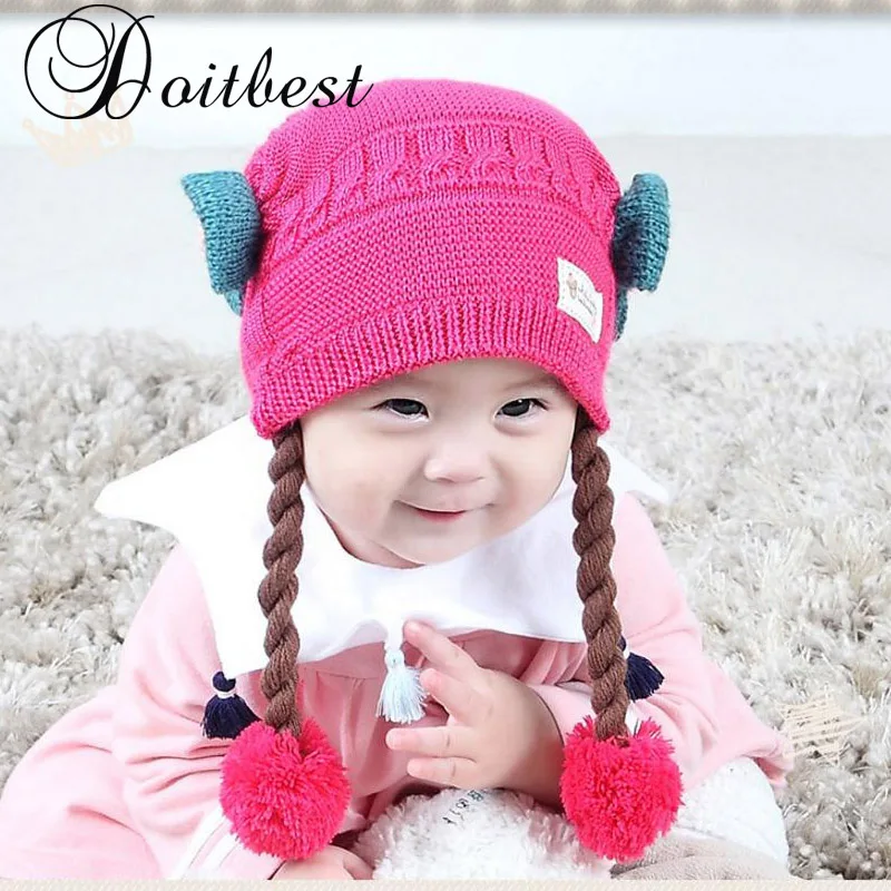

Two wigs wool Winter hats Baby Child knitted hat kids girls Earflap Caps Age for 6 months to 2 years old