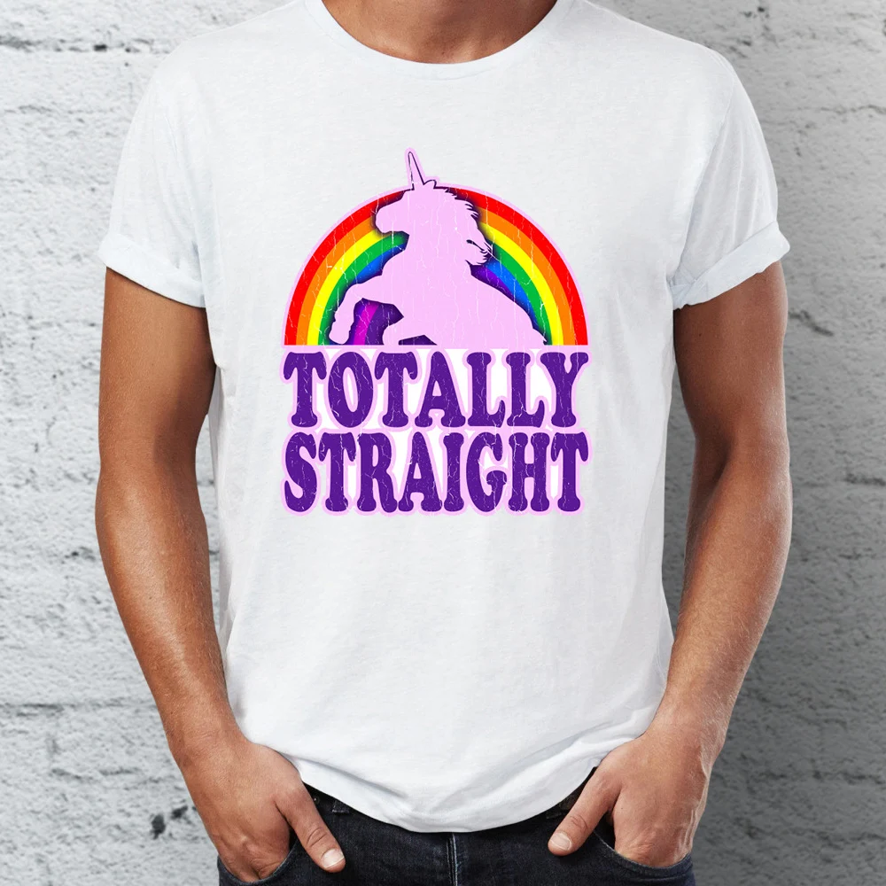 

2018 top printed Men's T Shirt Totally Straight Gay LBGT Rainbow and Unicorn Funny Awesome Tee