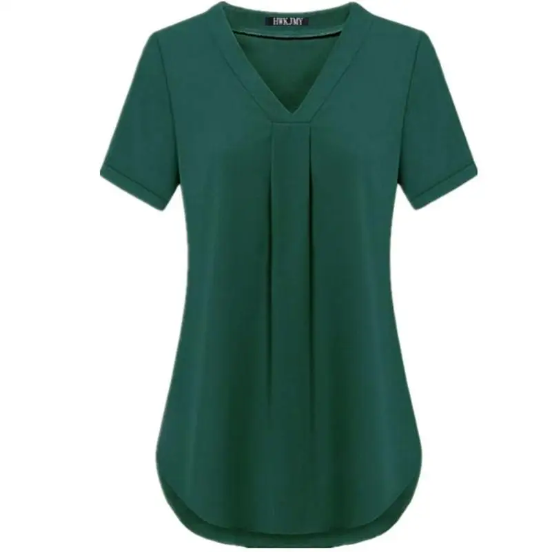 Большие размеры, S-6XL, модная женская летняя шифоновая футболка, сексуальный v-образный вырез, короткий рукав, одноцветная футболка, топ, Повседневная Свободная плиссированная блузка - Цвет: Армейский зеленый