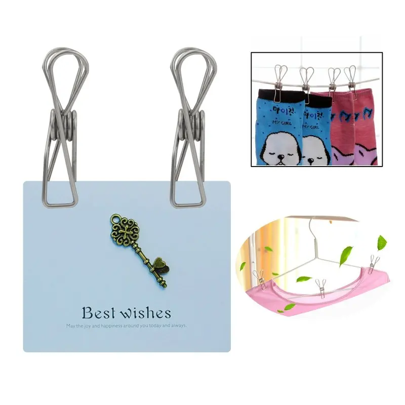 

50pcs Stainless Steel Clothes Pins Utility Clips Hooks Clothespin Spring Clothes Socks Hanging Pegs Clips Clamps Silver Laundry