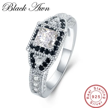 

[BLACK AWN] 5g 925 Sterling Silver Jewelry Trendy Engagement Rings for Women Black Spinel Wedding Ring C412