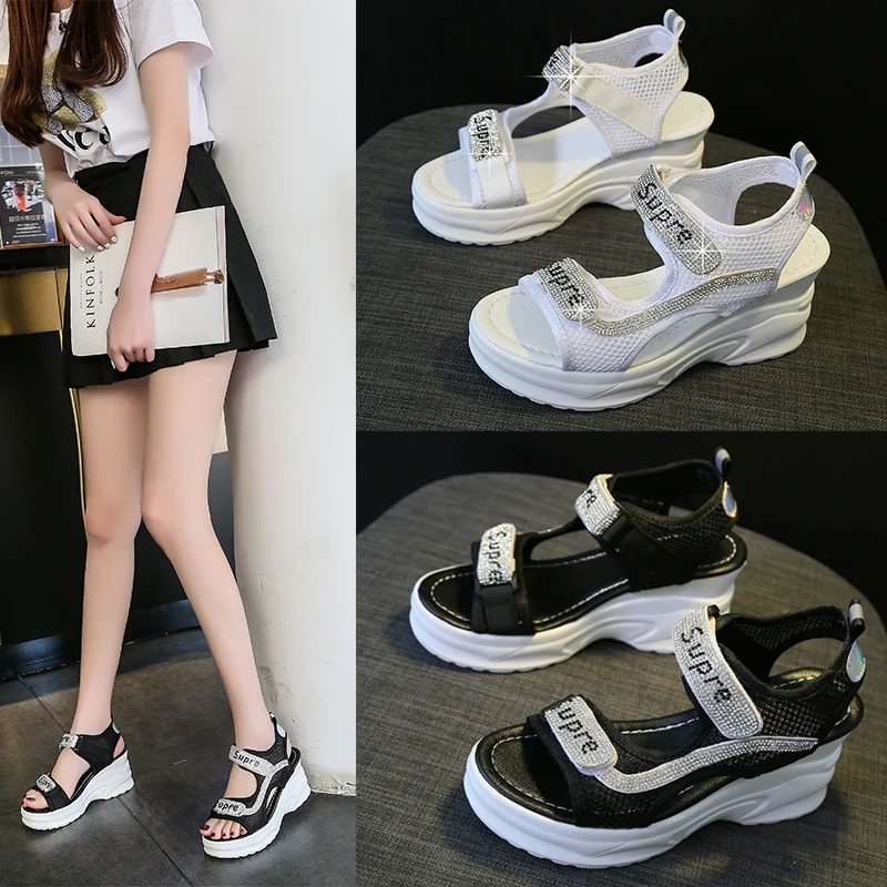 

ladies summer shoes 2019 air mesh open toe Rhinestone hoop-look mixed colors Gladiator wedges heels 7.5 women sandals size 35-40