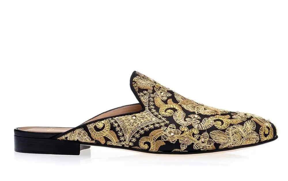 2019 Fashion casual shoes men Floral Embroidered Mules Slip On Flats Crystal Embellished Slippers Big size 46