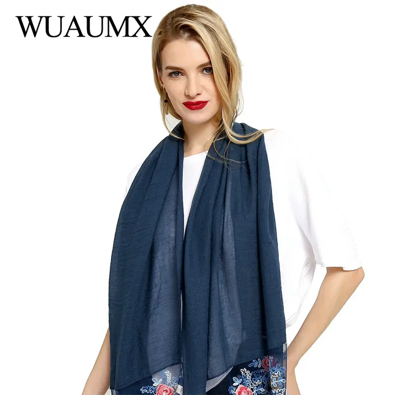 Wuaumx 2018 модный шарф для женщин вышитые розы шарфы с жемчугом хлопковый хиджаб
