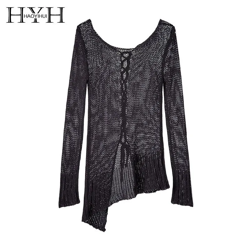 

HYH Haoyihui Fashion Popular Casual Mesh Perspective Tops Black Sexy Asymmetrical Hem Lace Up O-Neck Loose Lazy Knit Sweater