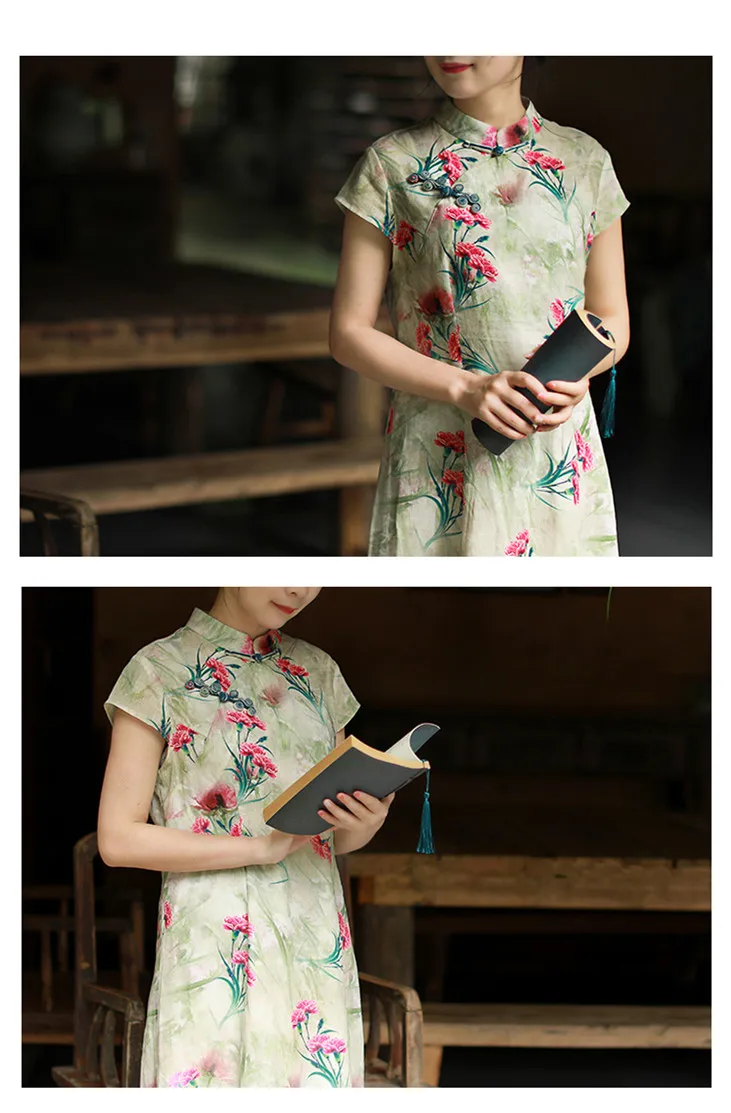 LZJN 2019 Women Summer Retro Vestido Chinese Qipao Dress Long Traditional Mandarin Collar Chinese Dress Flower Printed Cheongsam (9)