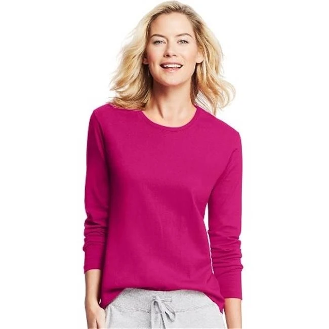 Hanes O9133 Womens Long-Sleeve Crewneck T-Shirt Sizzling Pink - 2XL