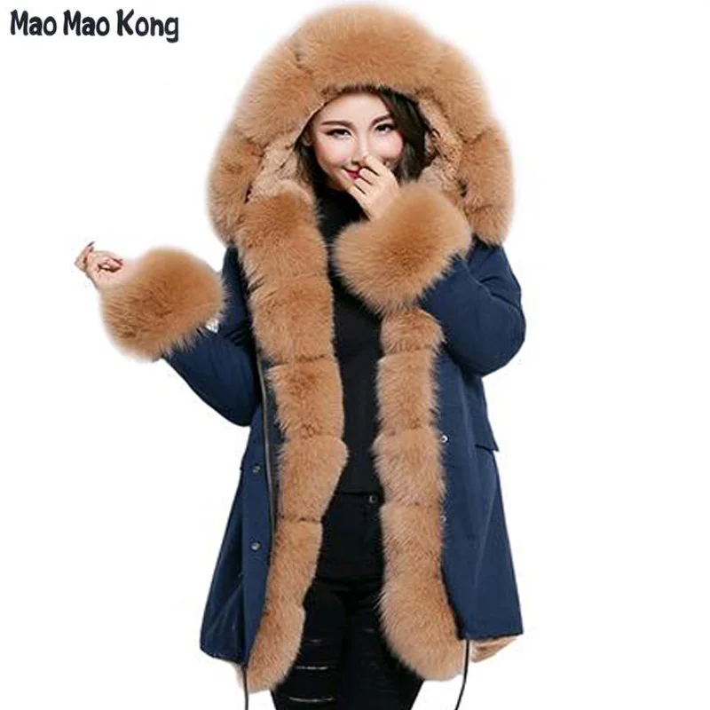 Buy 2018 New Long fur coat Navy Blue parka Winter