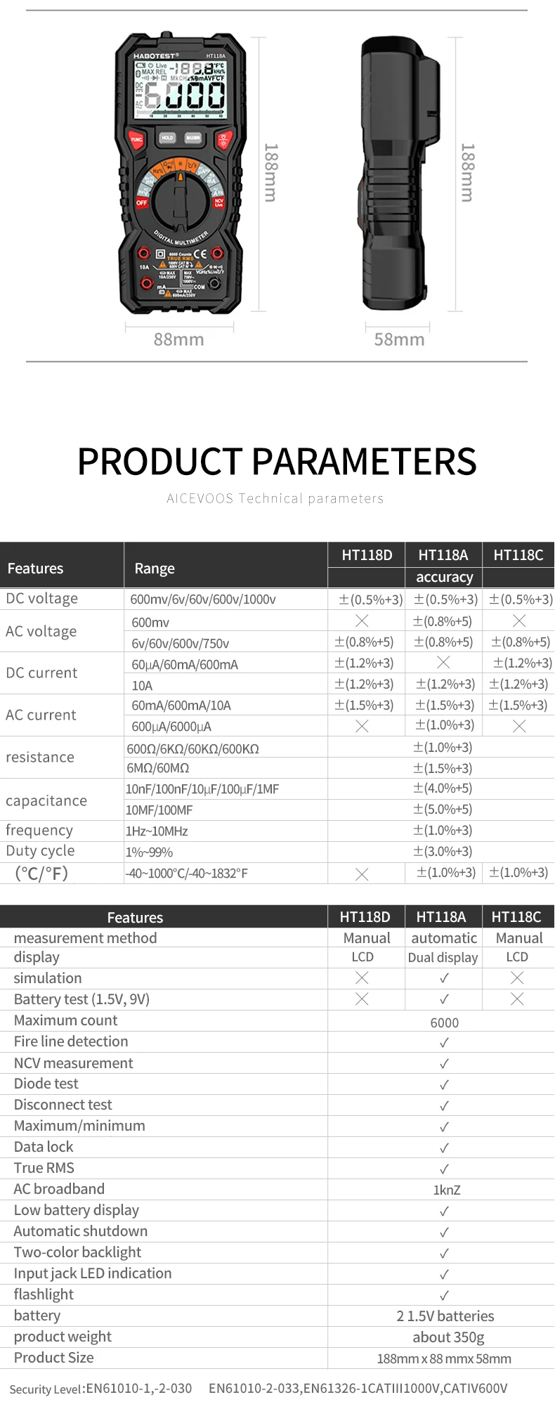 HABOTEST HT118A / C / D Цифровой мультиметр Автоматический диапазон NCV True RMS AC / DC 6000 отсчетов Двухцветный экран Индикатор напряже