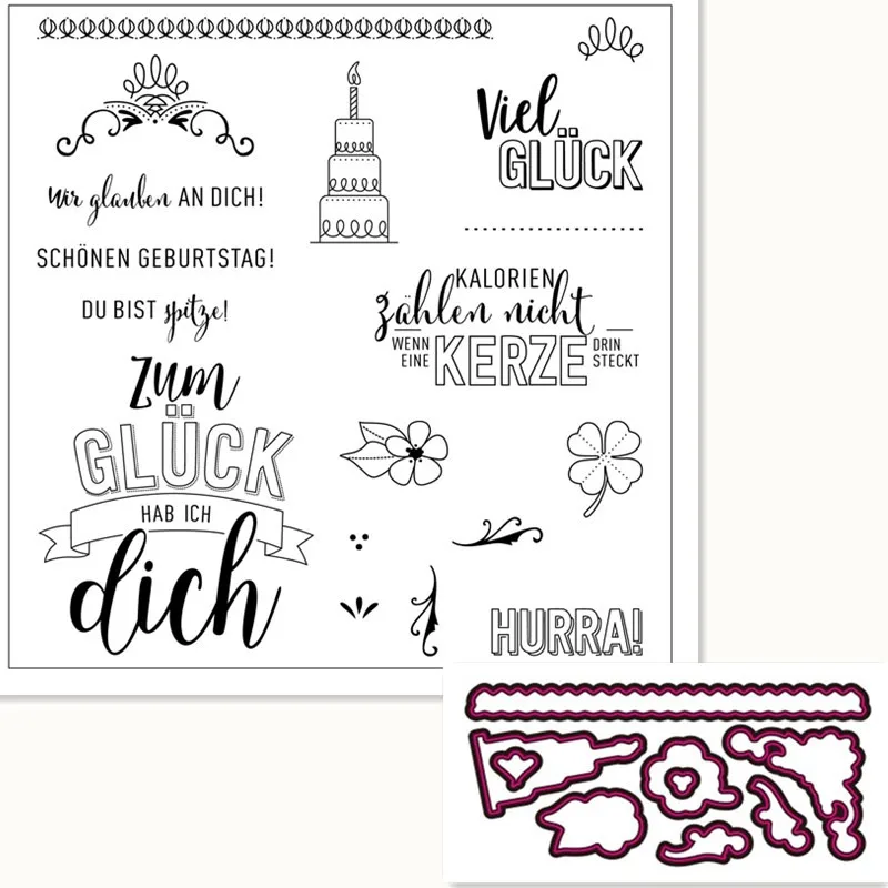 

German word Transparent Clear Silicone Stamps and metal cutting dies