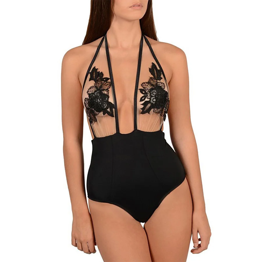 

Black Lace Bodysuit Women rompers womens jumpsuit Transparent Mesh Embroidery 2018 Bodycon Jumpsuit