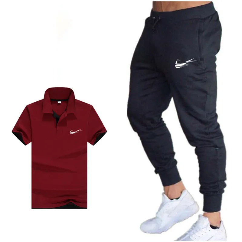 

2019 Summer Hot Sale Men's Sets polo tshirt+pants Two Pieces Sets Casual Tracksuit Male Casual poloTshirt Gyms Fitness trousers