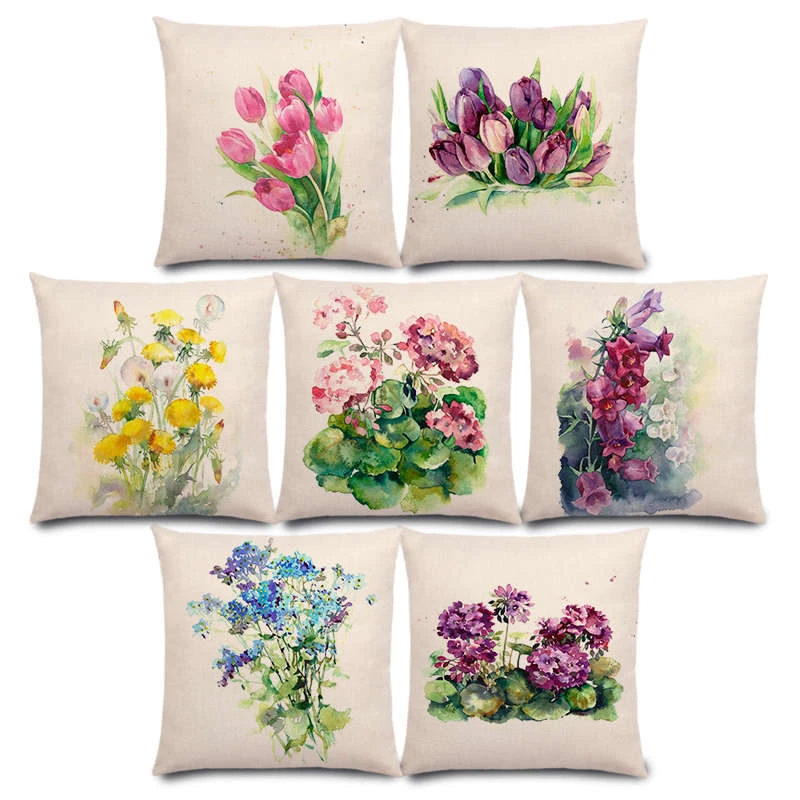 New Watercolor Flowers Bluebells Geranium Cornflowers Hollyhocks Bouquet Floral Aquarelle Cushion Cover Sofa Pillow Case Cushion Cover Aliexpress