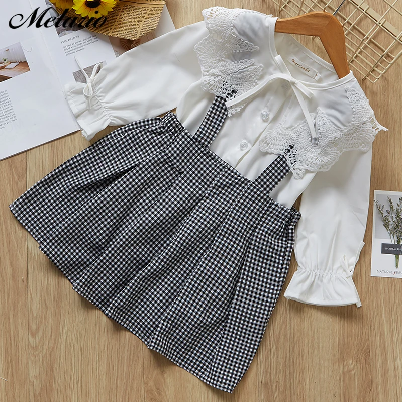 Melario/милое платье для девочек Новинка года, Весенняя кружевная рубашка с длинными рукавами в английском стиле+ клетчатое платье на бретелях, одежда принцессы для детей возрастом от 3 до 7 лет