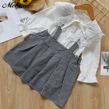 Melario/милое платье для девочек Новинка года, Весенняя кружевная рубашка с длинными рукавами в английском стиле+ клетчатое платье на бретелях, одежда принцессы для детей возрастом от 3 до 7 лет