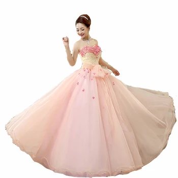 

Holievery Strapless Tulle with Flowers Prom Dresses Pink Long Party Dress 2019 Sweep Train Prom Gowns Lace Up