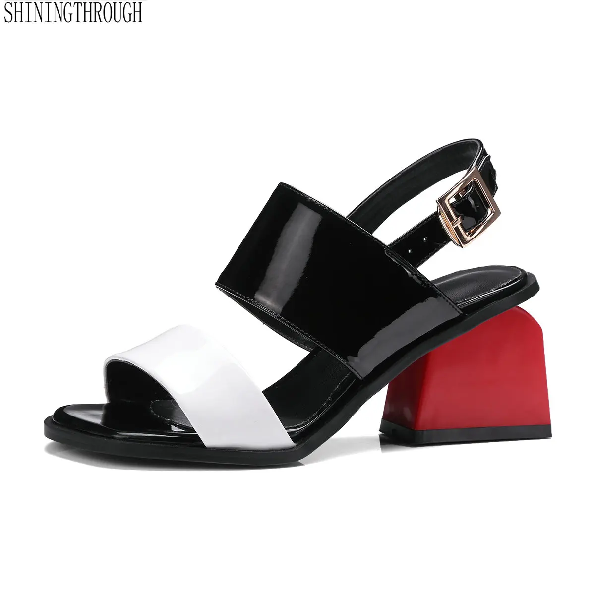 

2018 Elegant Sandals Womens Cut Out Genuine Leather Chunky Square Heel Gladiator Rome Ankle Strap Sandals Shoes Woman