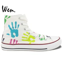 Вэнь дизайн пользовательские ручная роспись обувь красочные отпечатки ладоней мужские и женские высокие холщовые кроссовки подарки на день рождения