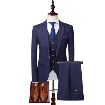 

S-XXXL Asia size Striped Plaid Suit Jacket men + Pants + Vest Business Wedding Party mens Three-Piece Set high quality men sets