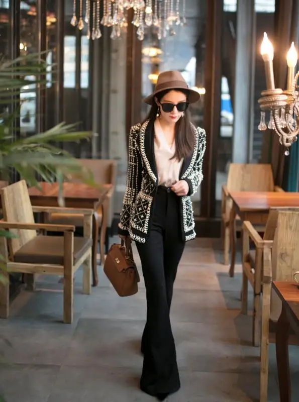 KoHuiJoo модный вышитый бисером блейзер для женщин Высокое качество Тонкий длинный рукав дизайнер Подиум Блейзер Пальто Женская верхняя одежда черный