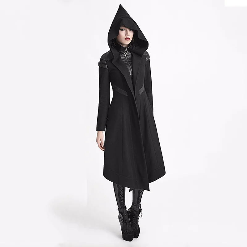 

PUNK RAVE Women Punk Woolem Hooded Coat Gothic Black Long Jacket Steampunk Witch Cosplay Long Jacket Coat