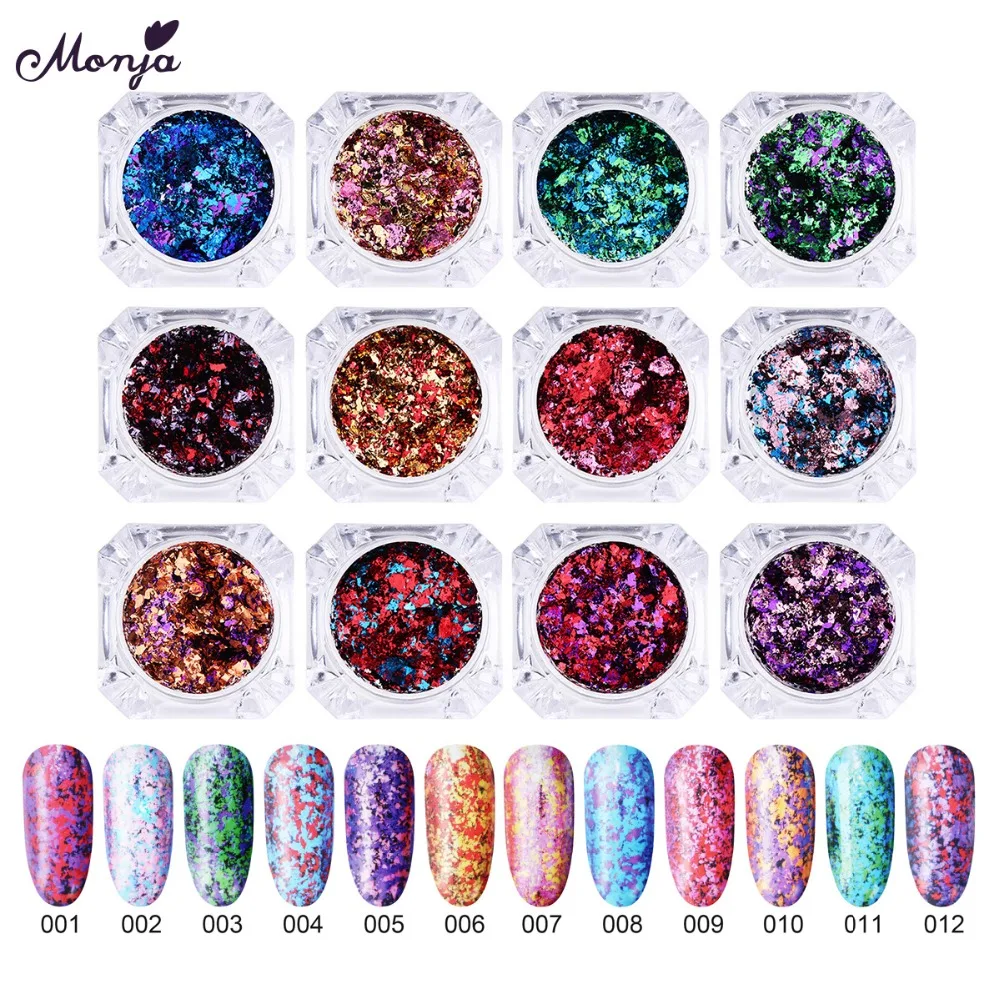 

Monja 12 Colors Nail Art Firework Metal Supplies Mirror Foil Powder 3D DIY Nail Glitter Manicure Decoration Accessories