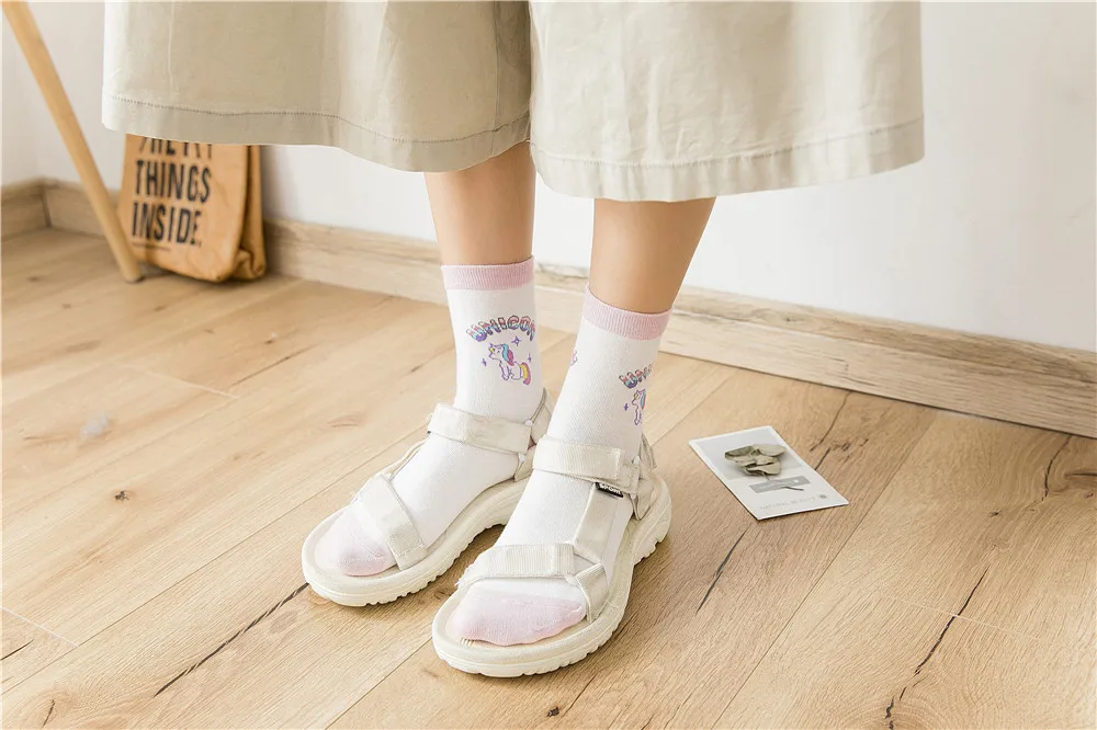FOURETAW/1 пара; высокое качество; милые носки с единорогом; цвет розовый, синий, белый; японский стиль колледжа; женские носки для девочек; повседневные хлопковые носки