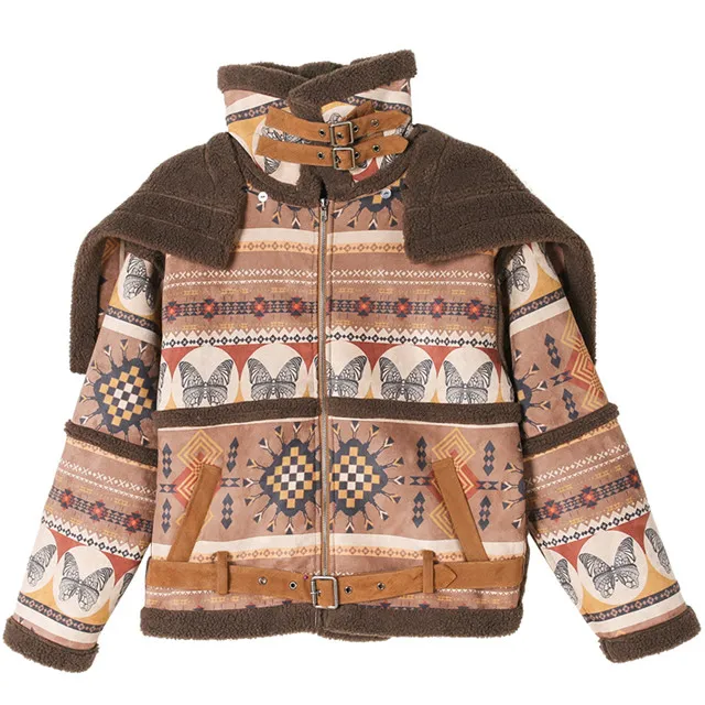 Магазин Джессики зимние женские винтажные народные индийские тотемные печати повседневные свободные с капюшоном утолщаются теплые замшевые овечьей шерсти короткая куртка - Цвет: Deep maroon