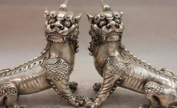 

S1304 China White Copper Silver Palace Kirin Unicorn kylin Foo Dog Lion Pair Statue D0318
